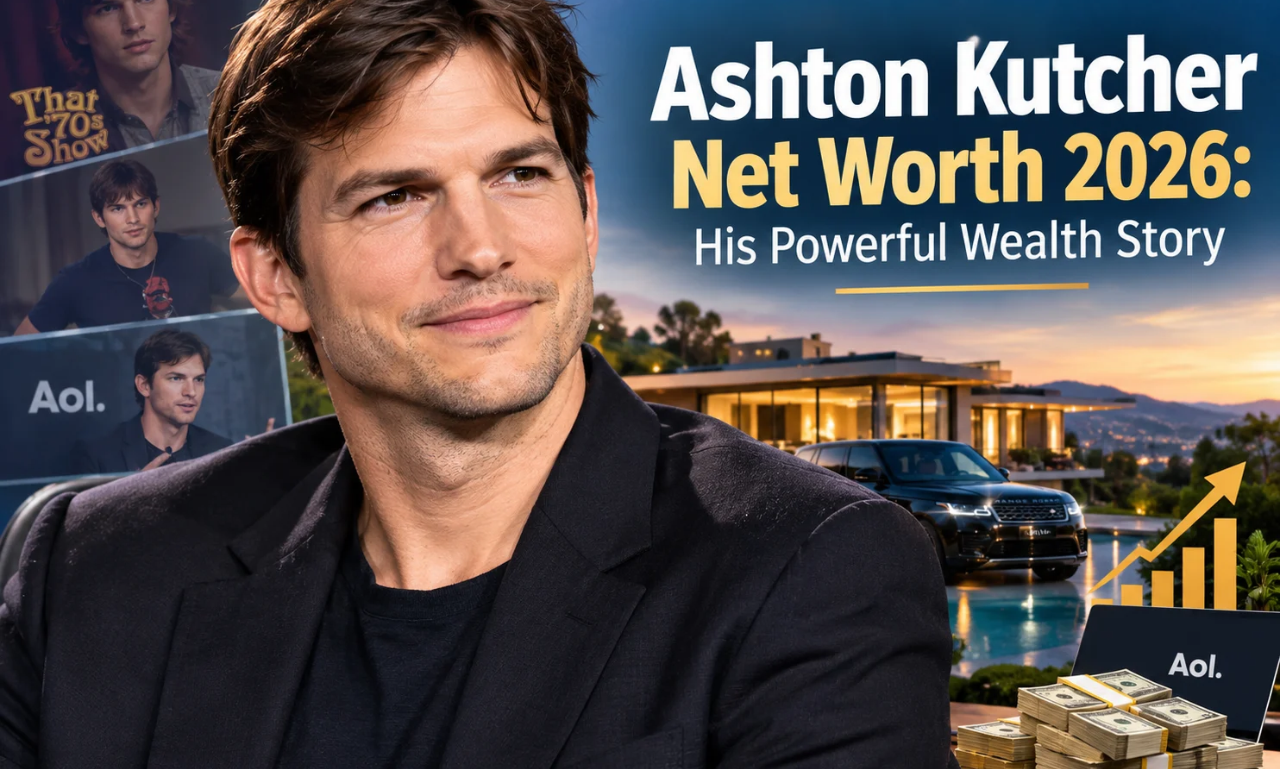 Ashton Kutcher net worth 2026 showing the actor, producer, entrepreneur, and venture capitalist.